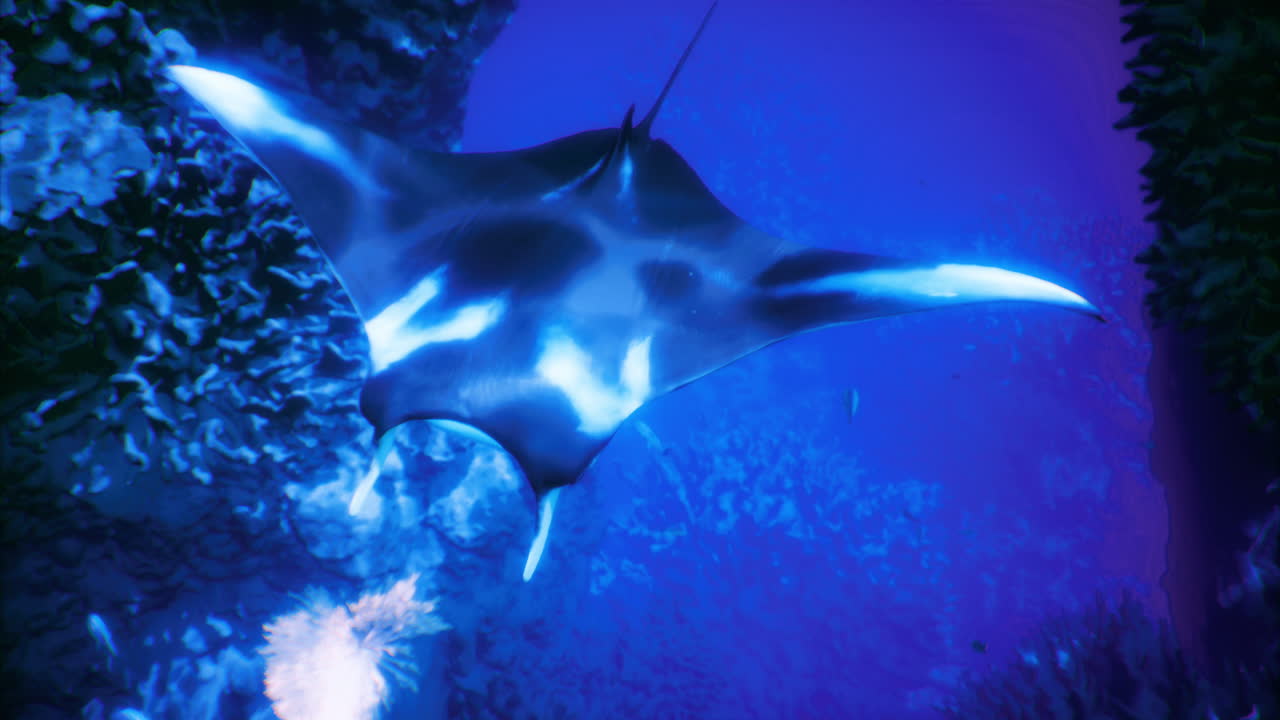 Manta che scivola con grazia attraverso le vivaci acque di una barriera corallina