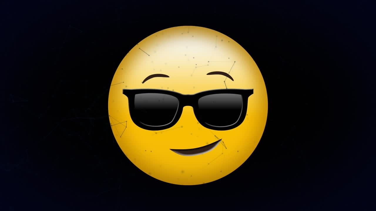 Animación digital de una red de conexiones sobre un rostro de emoji con gafas de sol sobre fondo negro