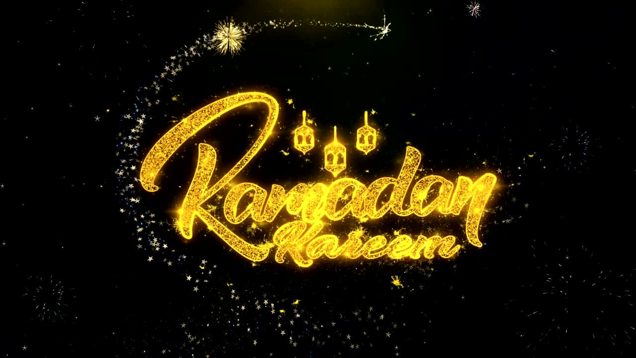 Testo di auguri Ramadan Kareem su spettacolo di fuochi d'artificio con particelle d'oro
