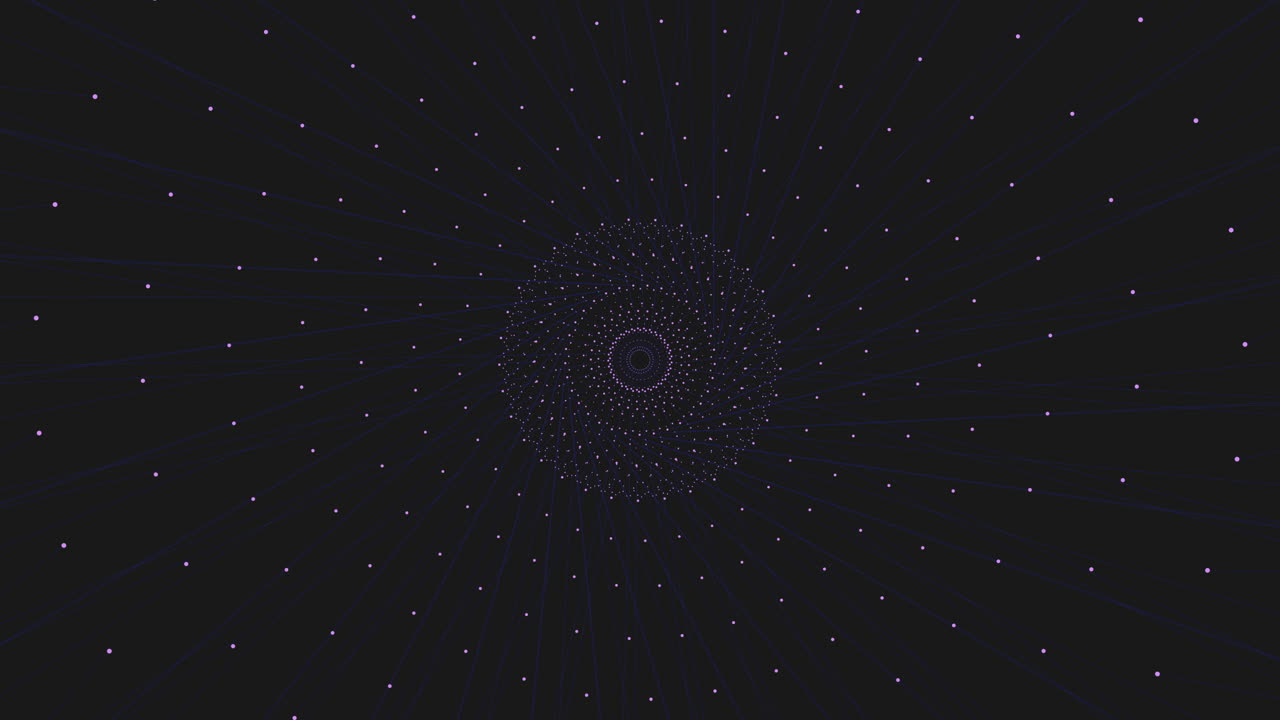 hipnotizante patrón simétrico en espiral de puntos púrpuras sobre un fondo negro