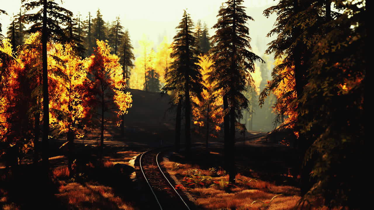 가을에 철도 트랙이 있는 숲길