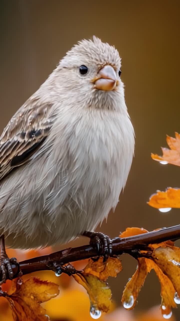 Un Incontro Ravvicinato con un Uccellino Affascinante su un Ramo Autunnale, Che Cattura la Bellezza della Natura e le Gocce di Pioggia Scintillanti sullo Sfondo