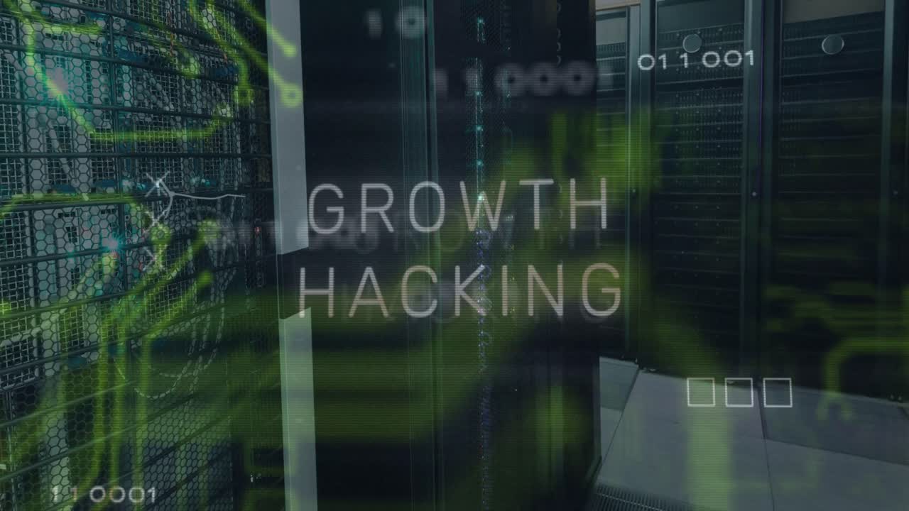 Animation of growth hacking text and data processing over server room