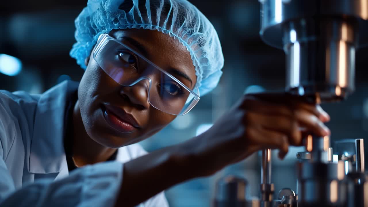 Focused woman adjusts lab equipment with care. Her eyes show deep concentration and calm confidence. Blue cap and clear glasses mark her professional setup