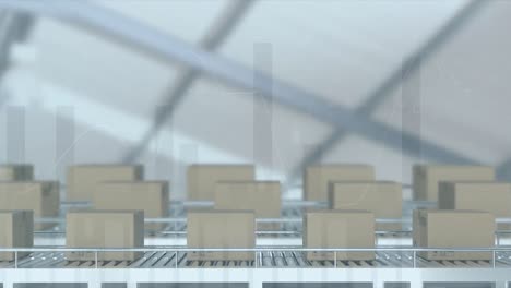 animation of data processing over boxes on conveyor belts in warehouse