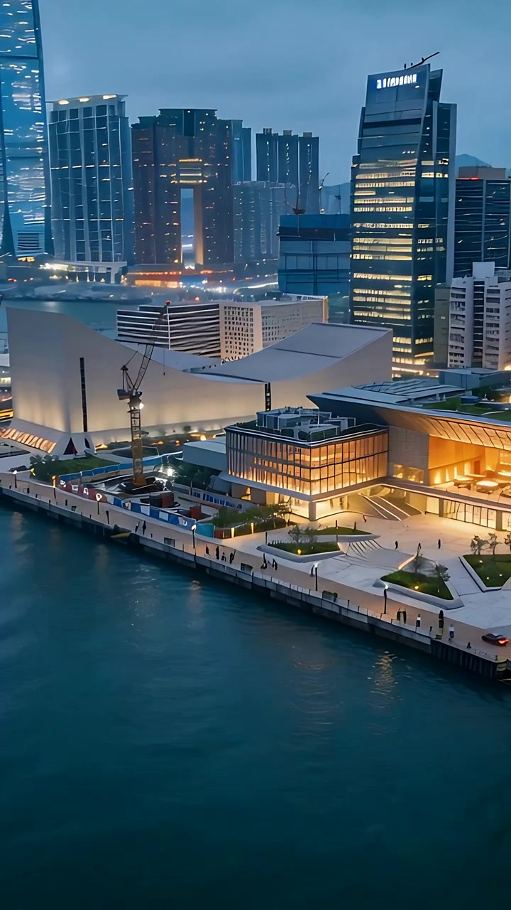 Vertical video: Showing harbor plaza lit at dusk, workboat appearing and making wake