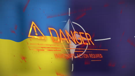 animación de una pancarta de texto de peligro con un símbolo de precaución contra el movimiento de la bandera de ucrania y la otan en el fondo