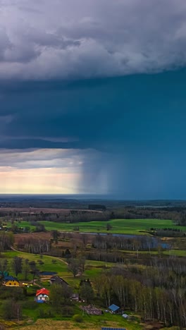storm clouds roll in during vertical timelapse above farmland and distant countryside hill