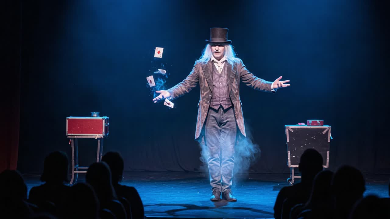 A Mesmerizing Performance by a Master Magician: Captivating Illusions, Enigmatic Tricks, and Enthralling Visuals in a Dramatic Stage Setting with an Enthralled Audience