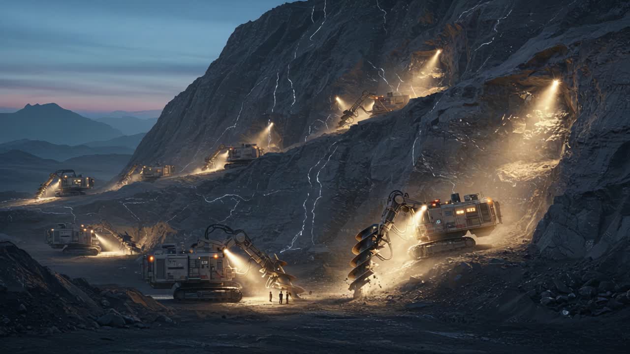 Advanced Excavation at Dusk: Heavy Machinery Operates in a Dramatic Scenic Landscape, Illuminating Mountainous Terrain with Powerful Lights and Machines, Exploring Earth's Depths