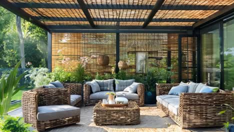 a patio with wicker furniture and plants on it