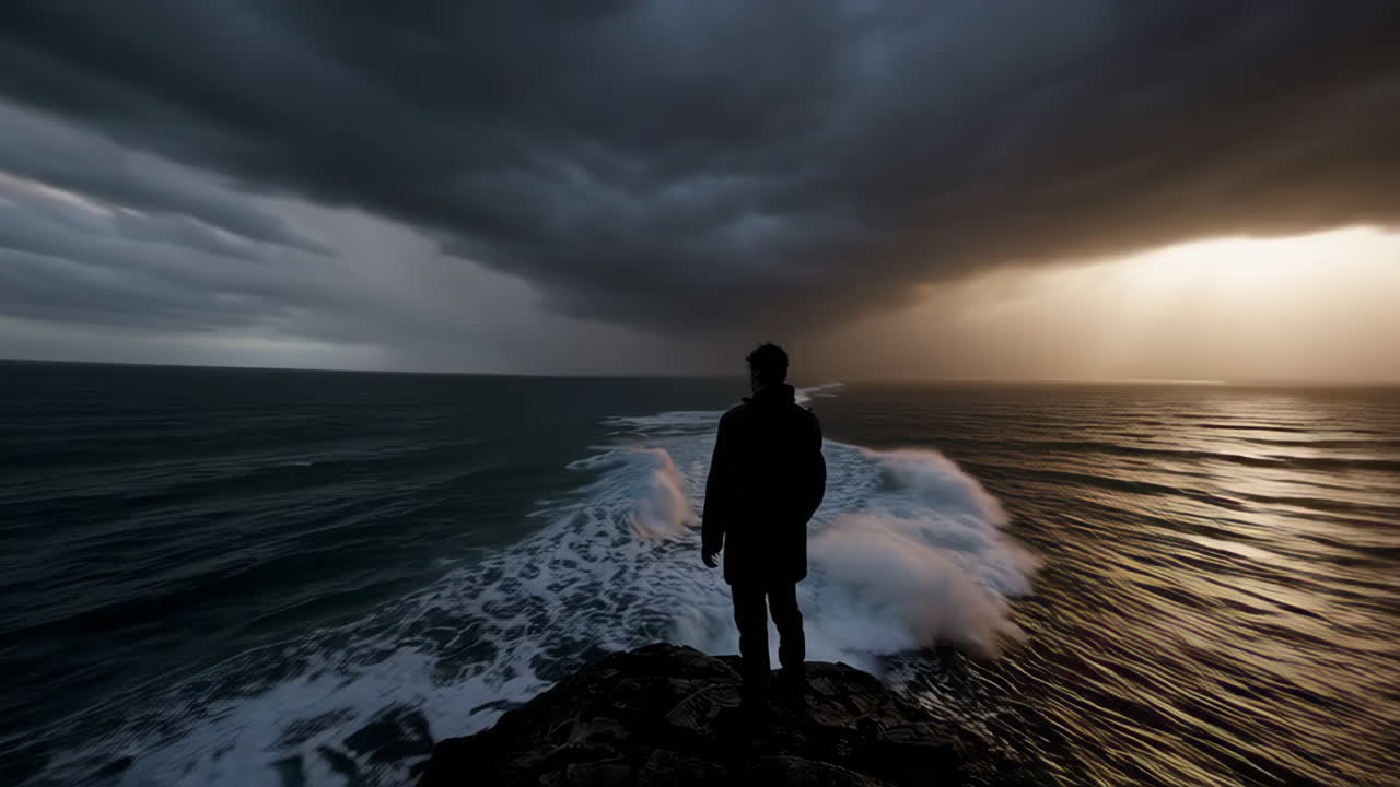 Man Standing on Cliff Facing the Stormy Ocean