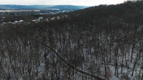 Toma-Aérea-De-Drones-De-Un-Bosque-Nevado-Sin-Hojas-En-El-Monte-Sequoyah,-Panorámica-Circular