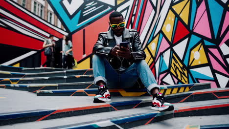 stylish man on urban steps with vibrant mural