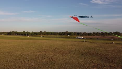 red flying toy kite over rural landscape