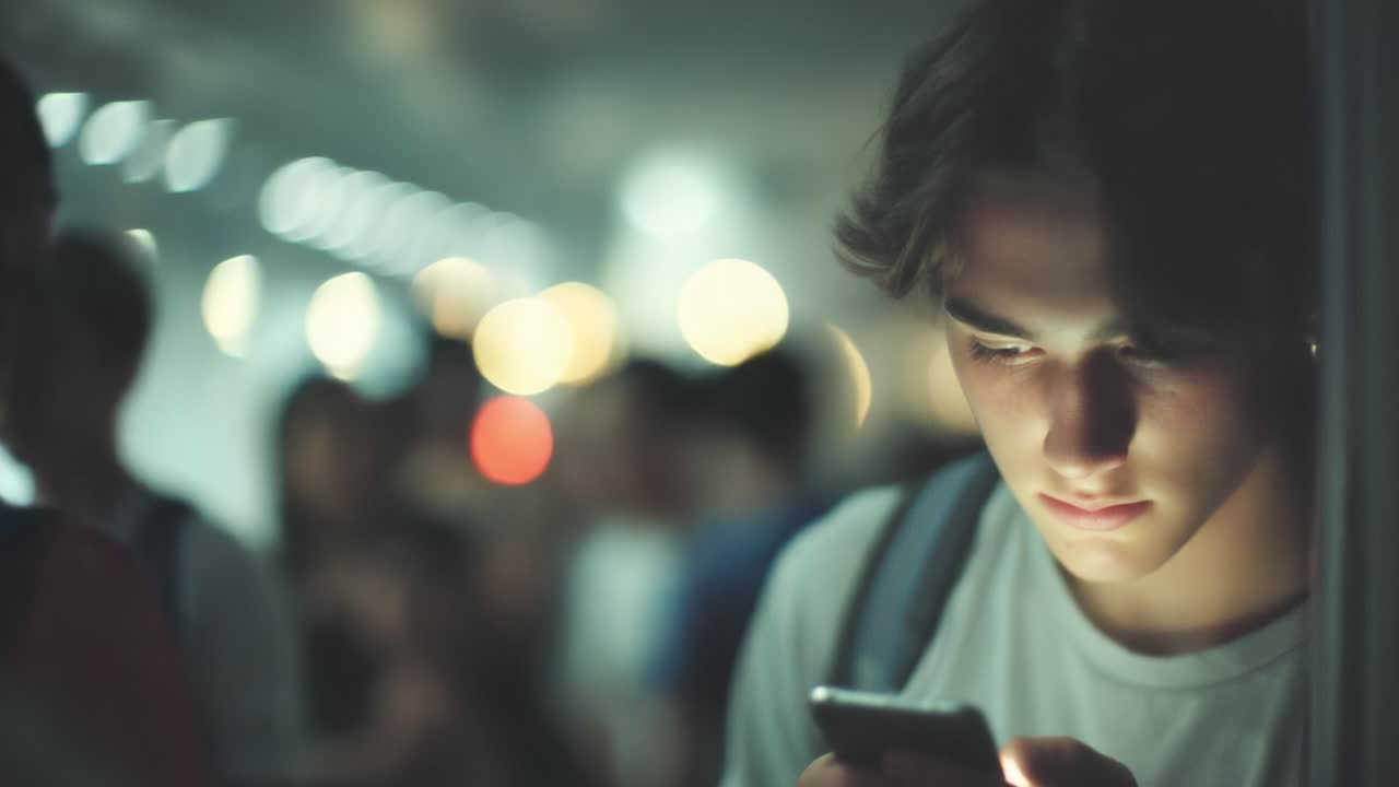 A Young Person Focused on Their Smartphone Among a Crowd, Capturing the Essence of Modern Connectivity and Digital Engagement in a Bustling Environment