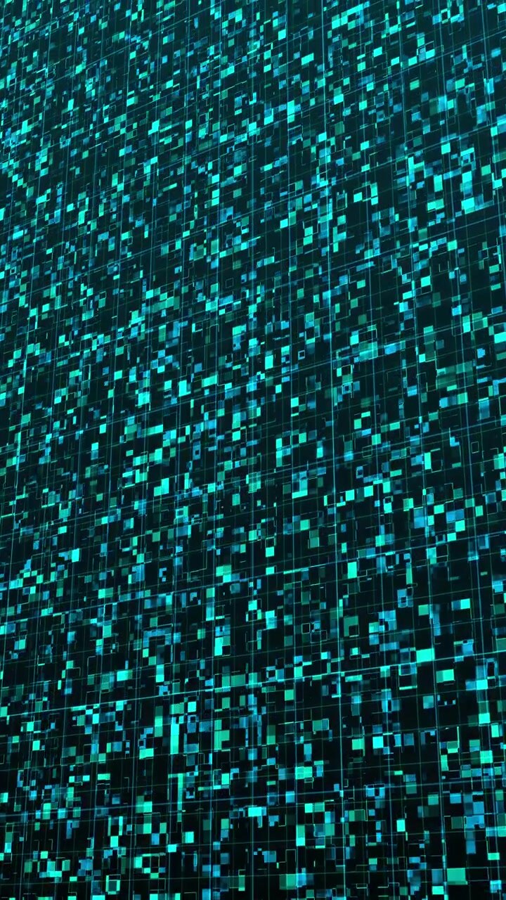 Abstract Digital Grid with Flickering Cyan Squares