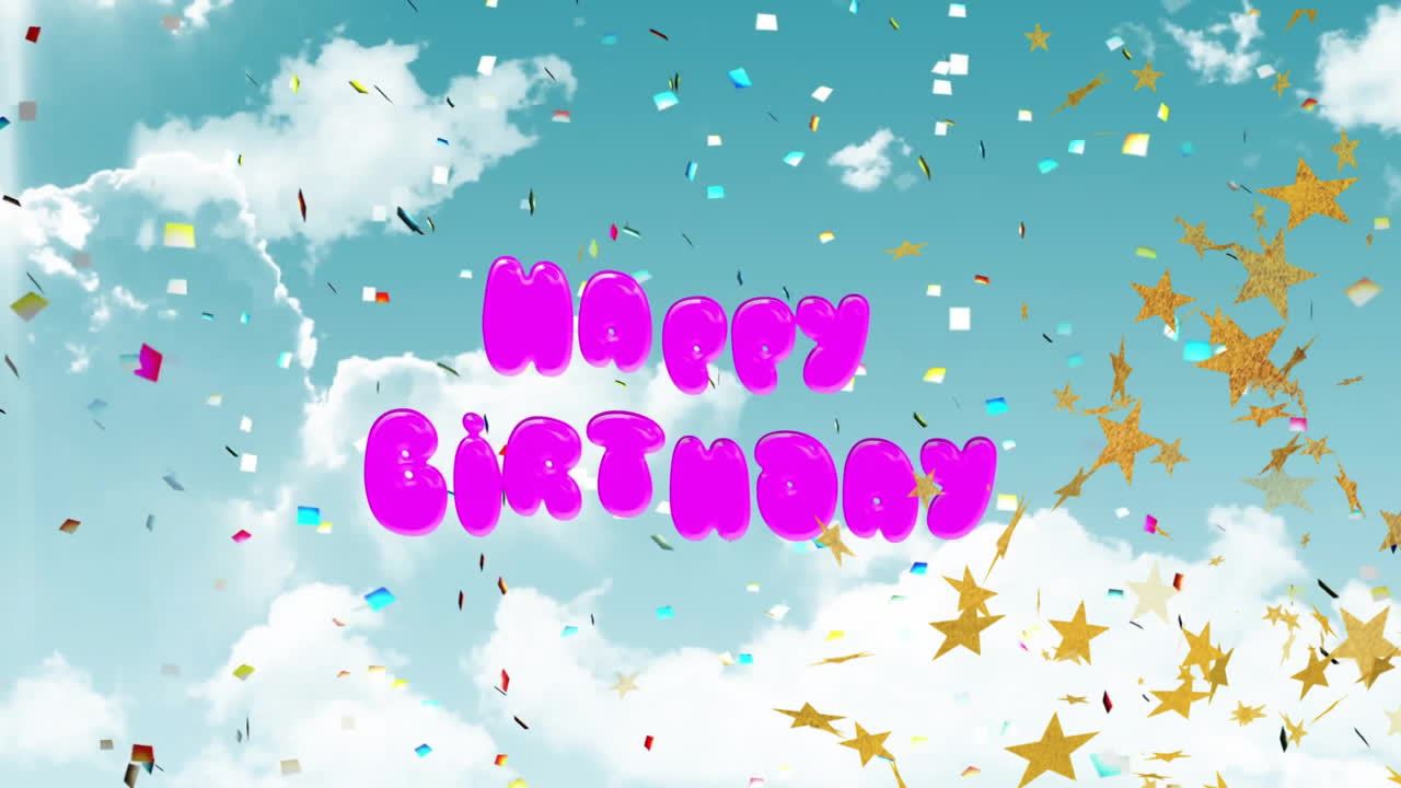 feliz cumpleaños animación de texto con nubes y confeti cayendo
