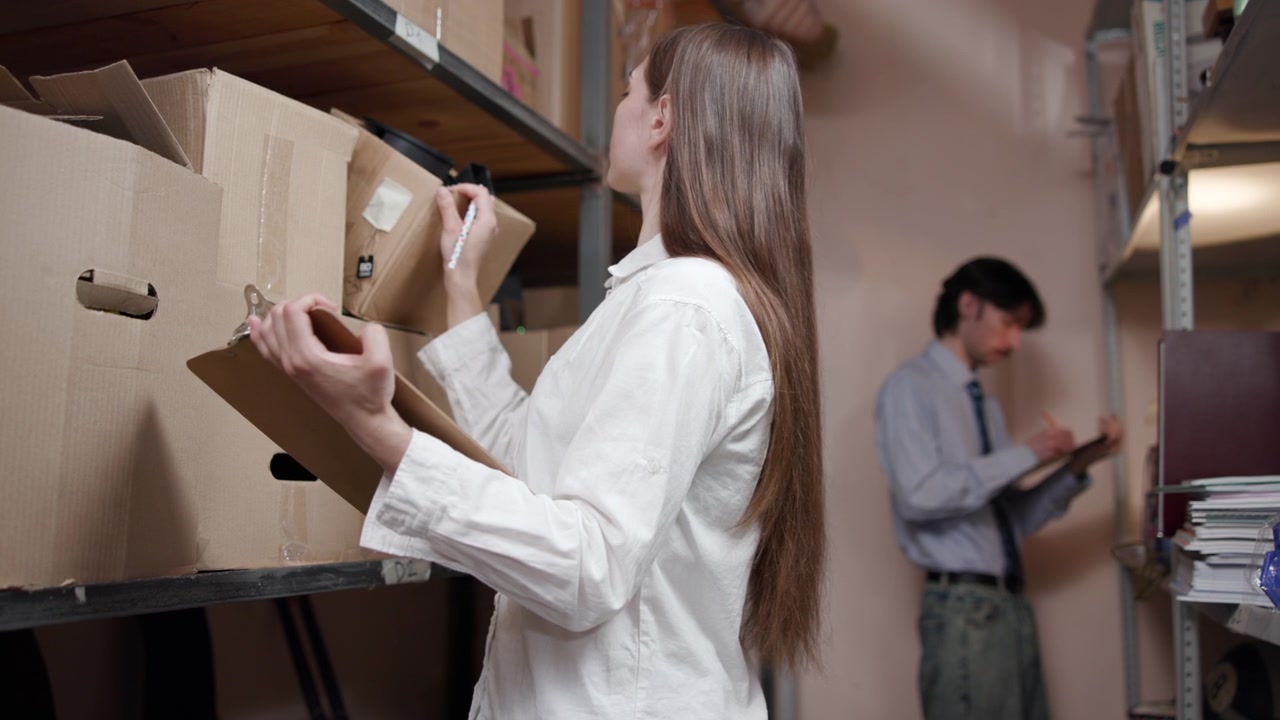 Una giovane donna etichetta con cura scatole d'archivio di cartone su uno scaffale in un ripostiglio mentre un uomo lavora sullo sfondo, mostrando una gestione organizzata dei documenti.