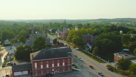 Drone-shot-of-the-4-churches-inDowntown-Palmyra-New-York