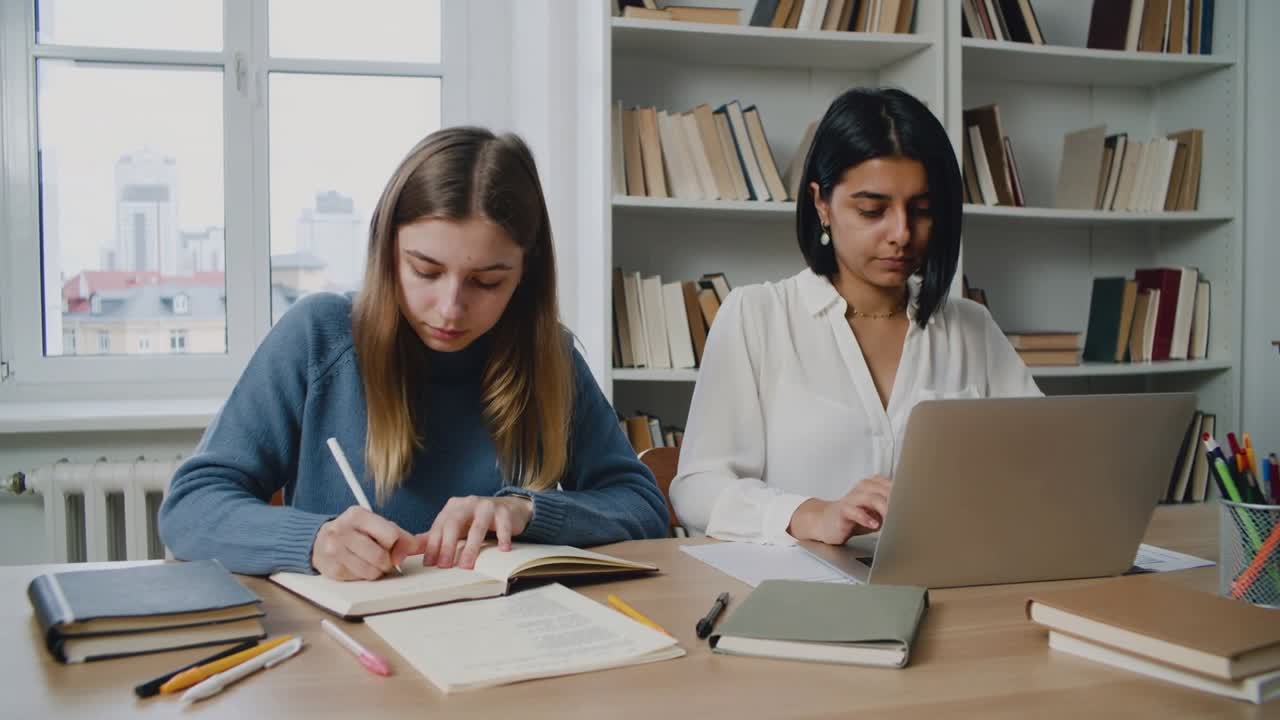 Student til venstre åpner lærebok og skriver i notatbok mens student til høyre skriver på laptop for eksamensforberedelse.
