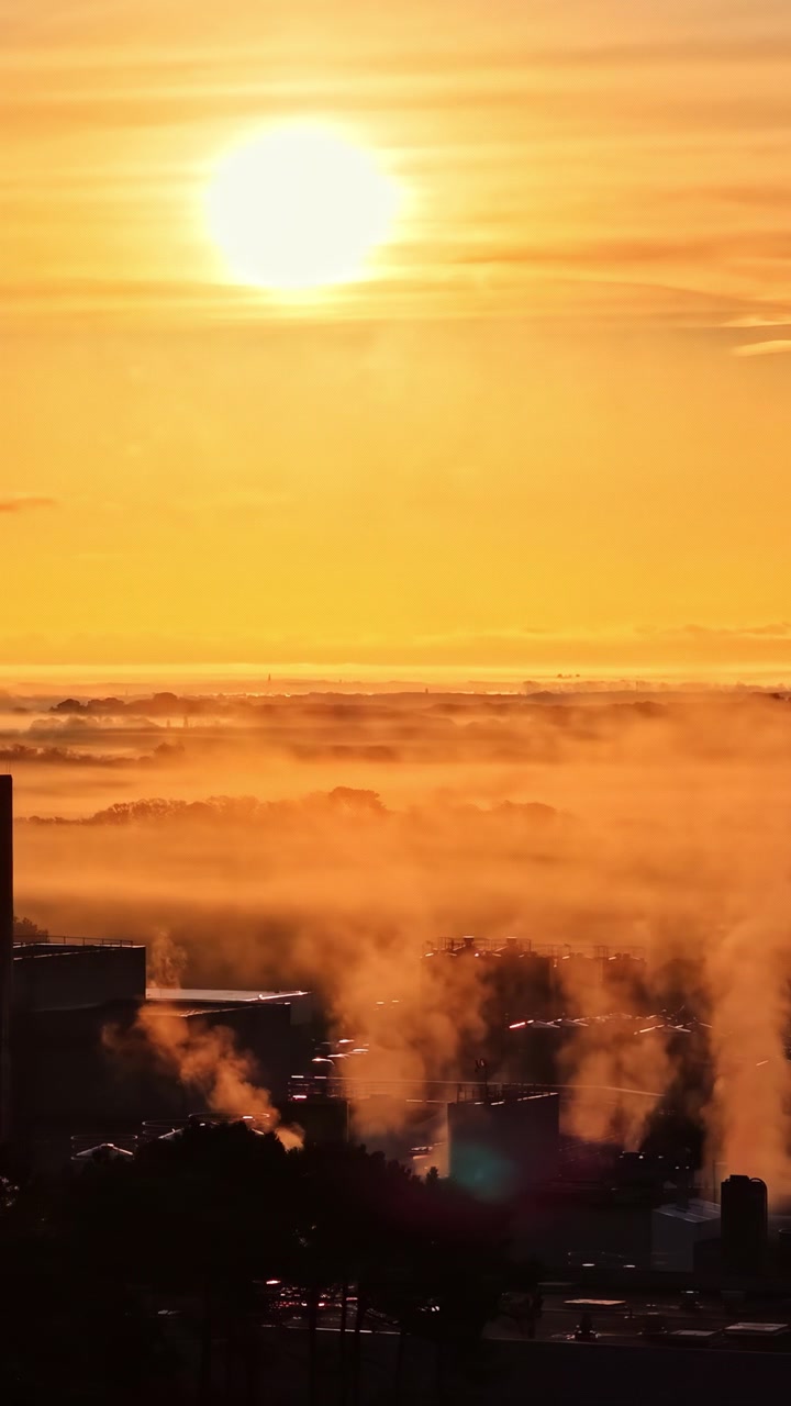 Parallax aéreo vertical em torno de instalações industriais ao pôr do sol dourado, com fumaça, vapor e neblina dramáticos rolando sobre chaminés de fábrica em silhueta sob um céu laranja vívido