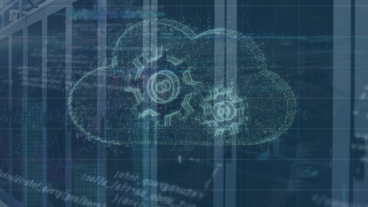 animación del procesamiento de datos y la nube con engranajes sobre la sala de servidores.