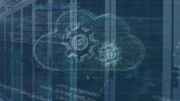 Animation of data processing and cloud with cogs over server room