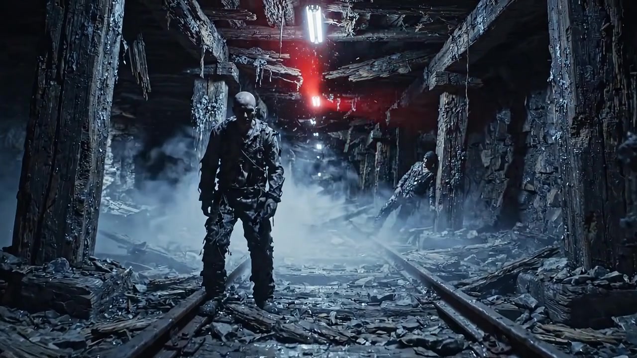 Passagem Subterrânea Assustadora: Uma jornada por uma mina abandonada com neblina e infraestrutura em decomposição, capturada em detalhes assombrosos.
