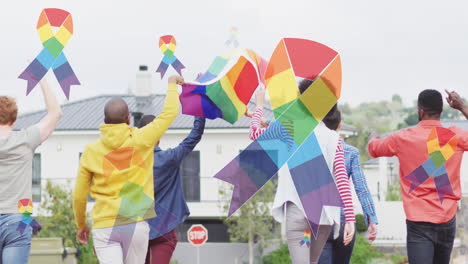 animation of rainbow ribbon over back view of diverse protesters with flags