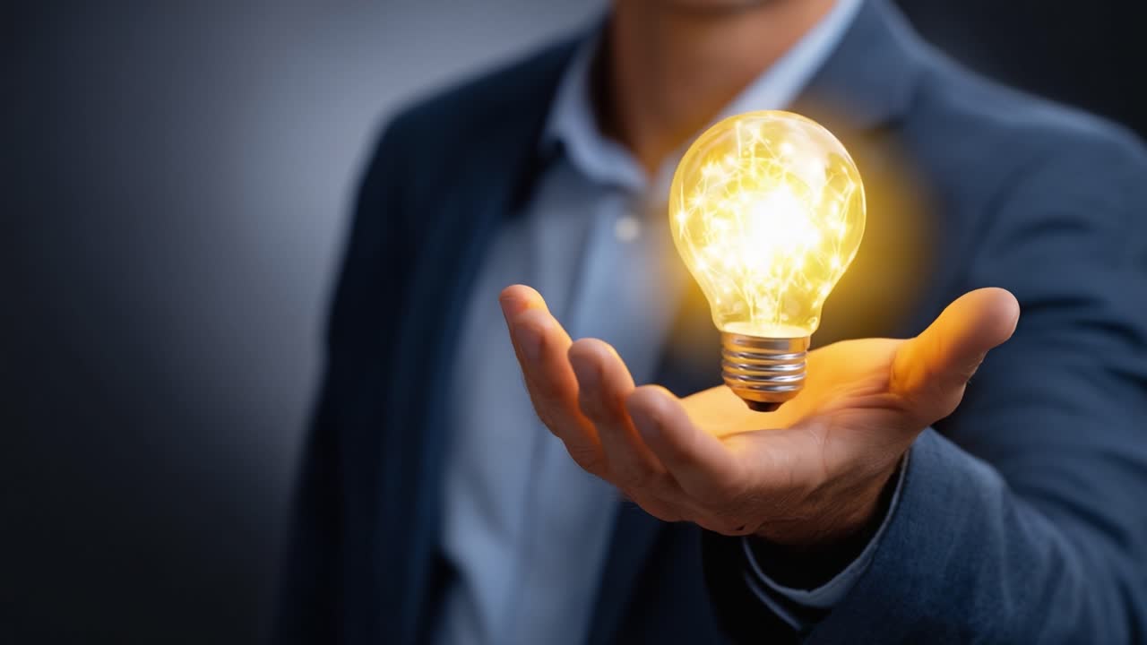 A Person Holding a Glowing Light Bulb Symbolizing Ideas and Creativity in a Professional Business Context with a Dark Blurred Background