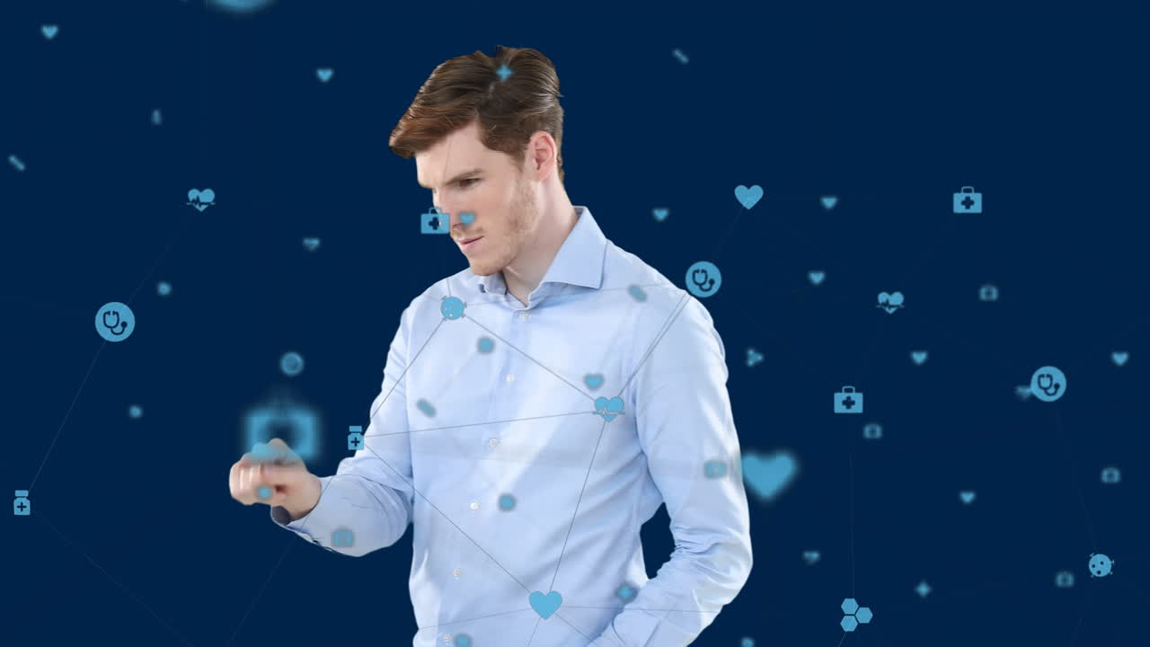 카우카스 사업가 터치 스크린을 통해 아이콘과 연결 네트워크의 애니메이션