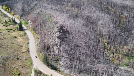 aerial view of a truck driving down a dirt road next to a completely burned forest at the base of a mountain in colorado