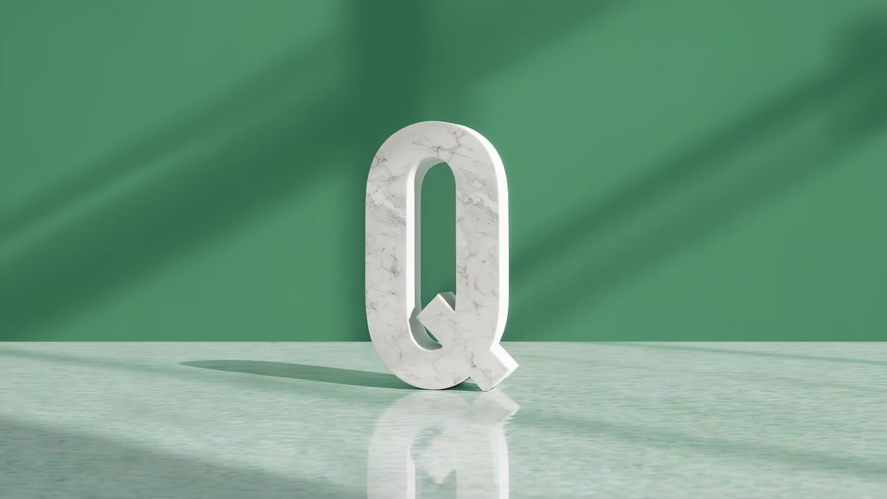 Sliding diagonal shadows guiding camera rotating marble letter Q on glossy floor with green wall