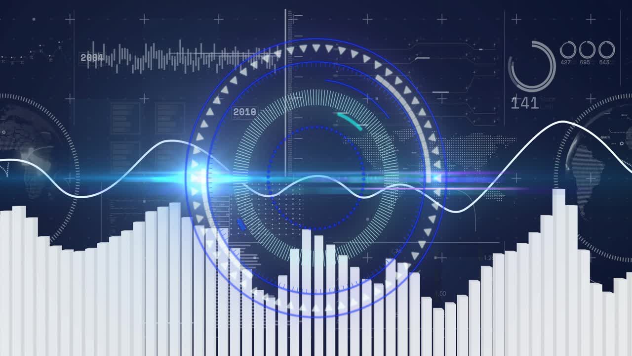 Audio peaks driving central HUD and globe responding, rings rotating, bars rising for monitoring