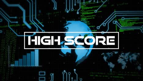 animation of high score text, programming language, globe, graph, electronic circuit board pattern