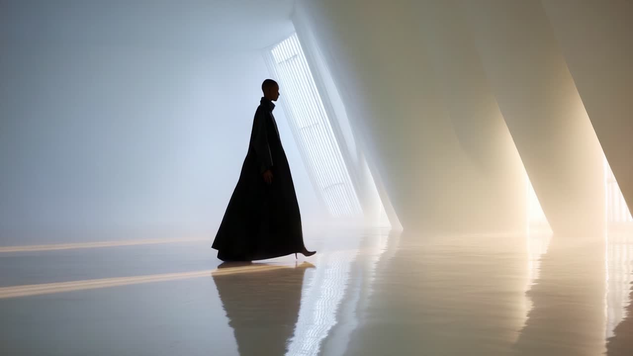 A striking fashion model gracefully walks through a modern architectural space, adorned in a dramatic flowing cape that elegantly contrasts with the serene backdrop of light and shadow