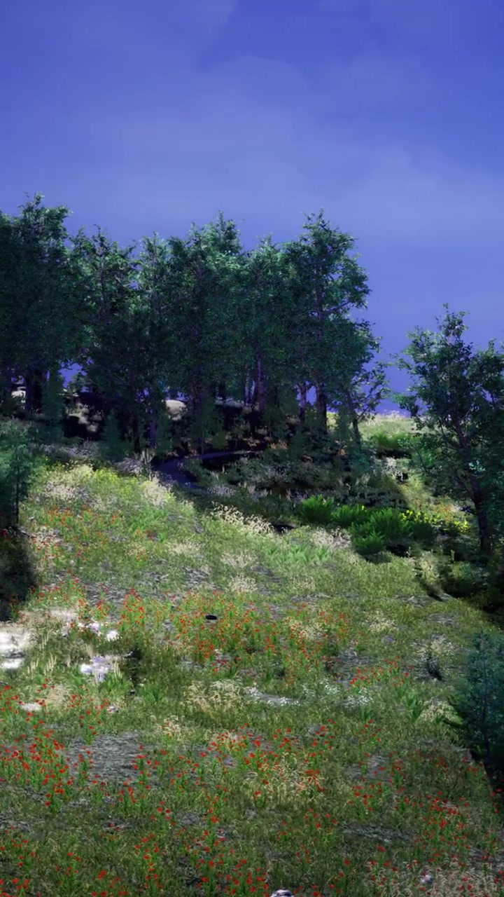 Collina verde con alberi e fiori sotto un cielo blu vicino a una spiaggia soleggiata.