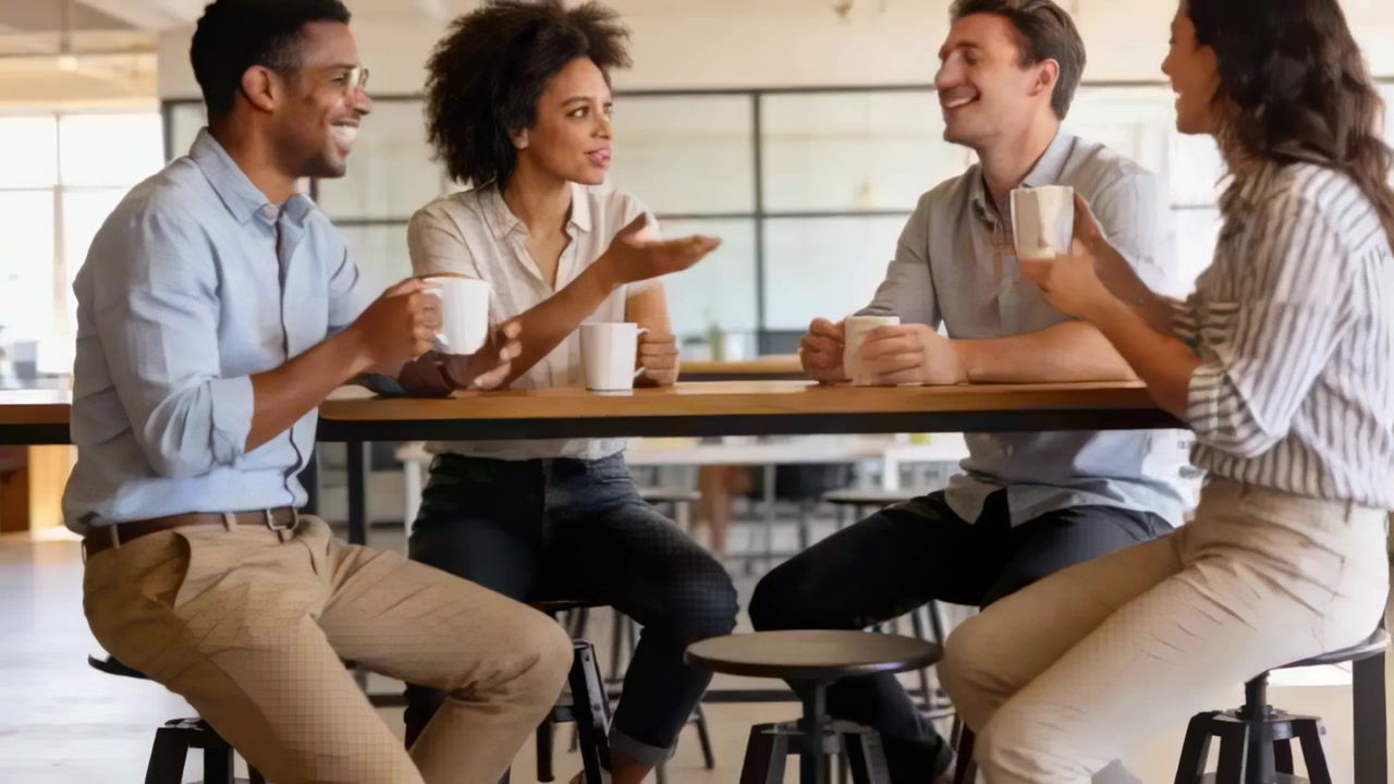 Speaking coworker gesturing, four casual team clinking white mugs at office table, agreeing