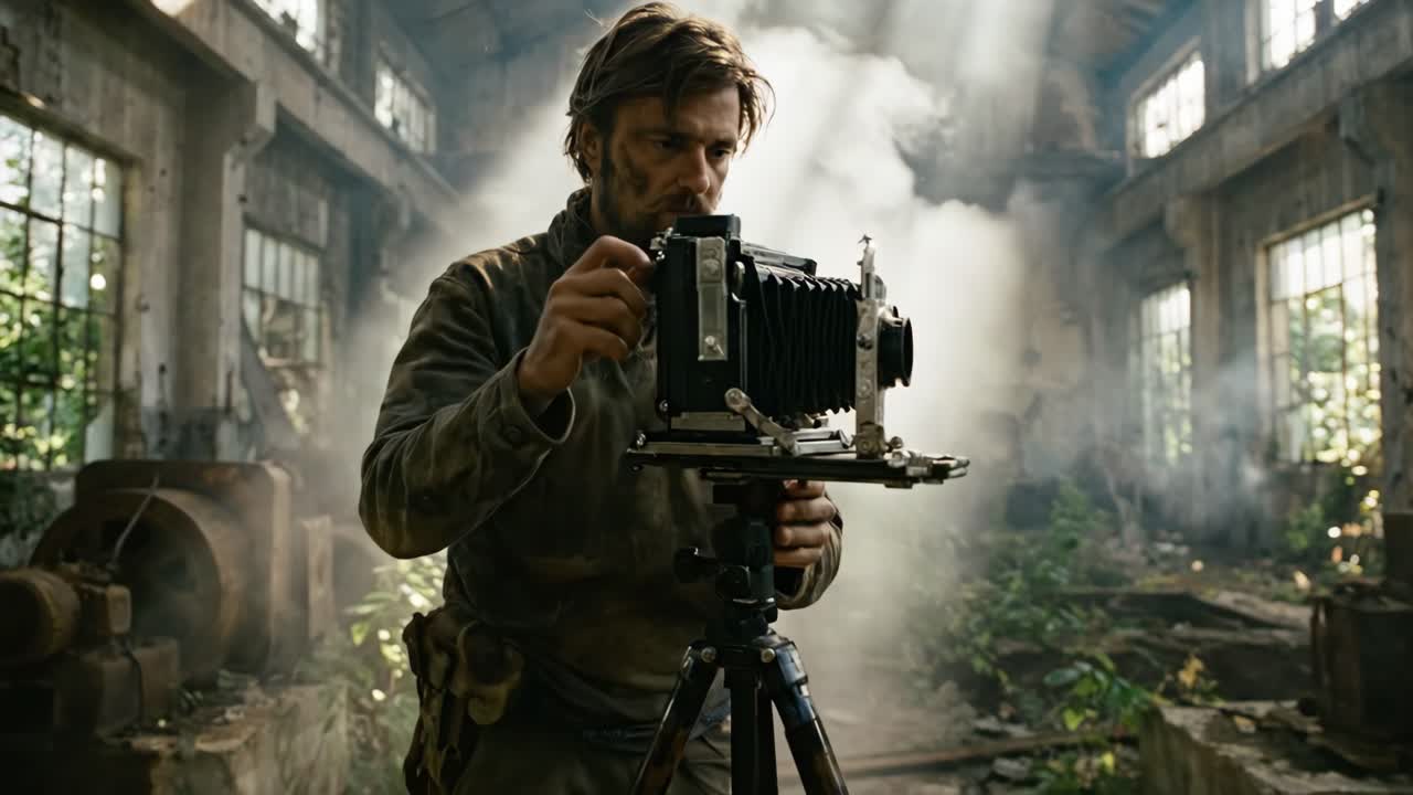 Man Adjusting Vintage Camera in Abandoned Industrial Building with Sunbeams