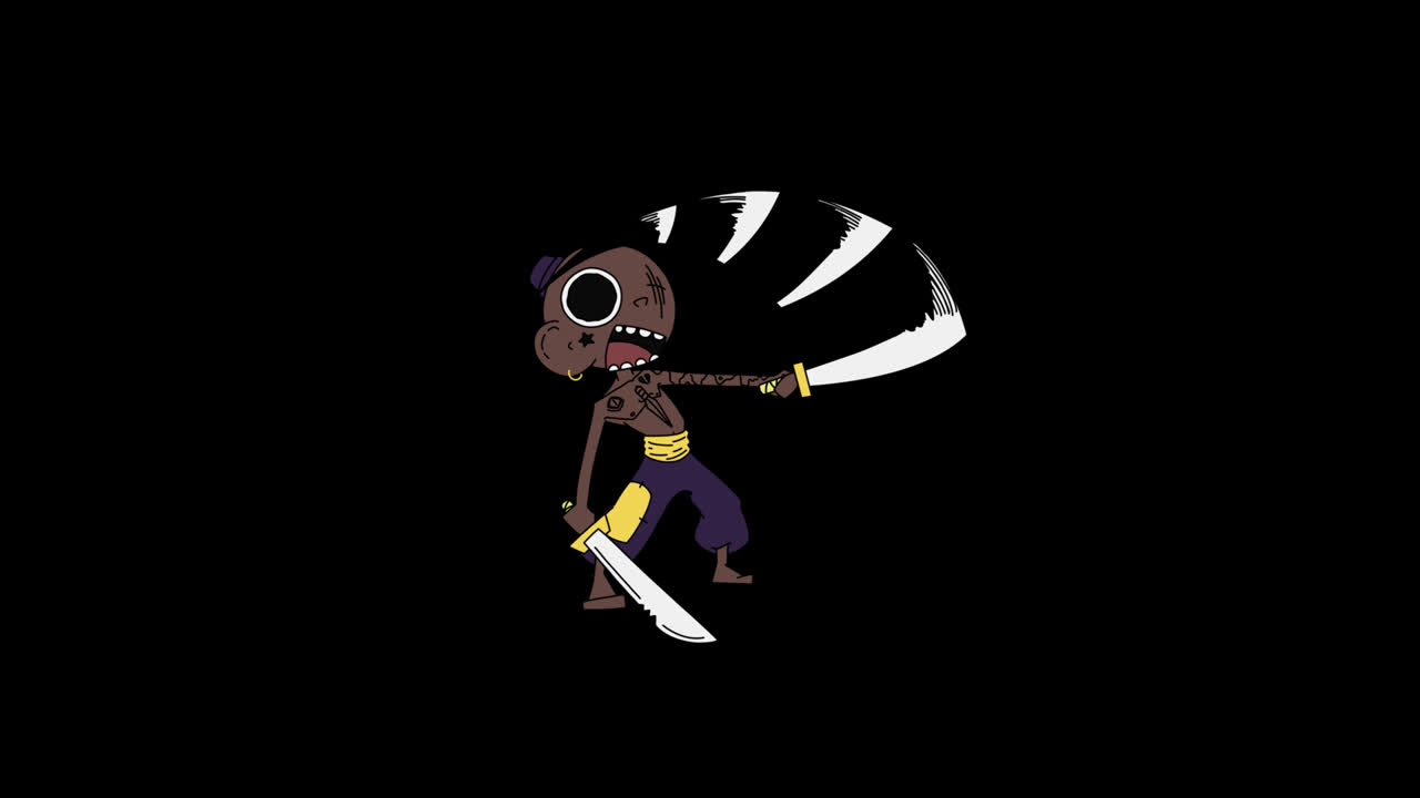 2D animated character attack with two swords, loop, smooth motion on transparent background, alpha channel, perfect for games, motion graphics, and digital projects