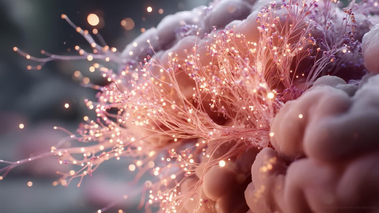 Un'esplorazione ravvicinata di strutture cellulari bioluminescenti, che cattura l'intricata interazione di colori e texture in una affascinante vista microscopica