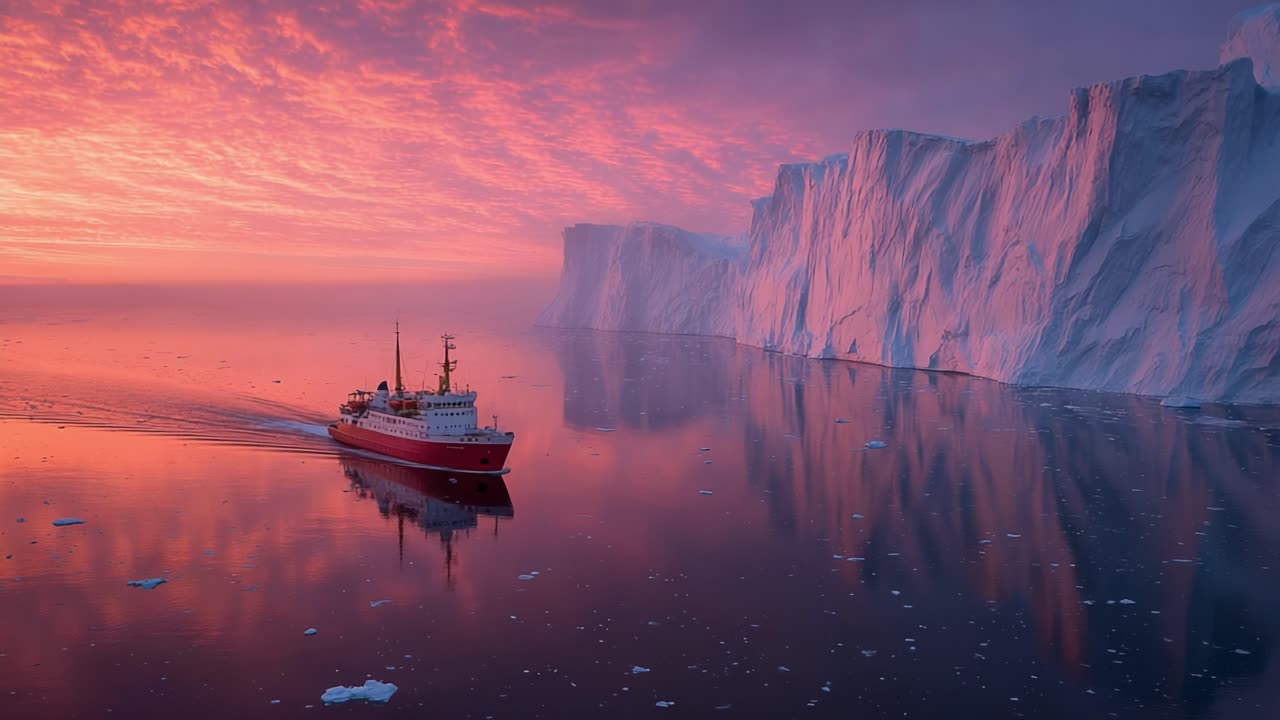 A Stunning Polar Voyage: A Red Ship Navigating Through Serene Icebergs Under a Majestic Sunrise, Reflecting Vibrant Colors Across a Tranquil Frozen Landscape
