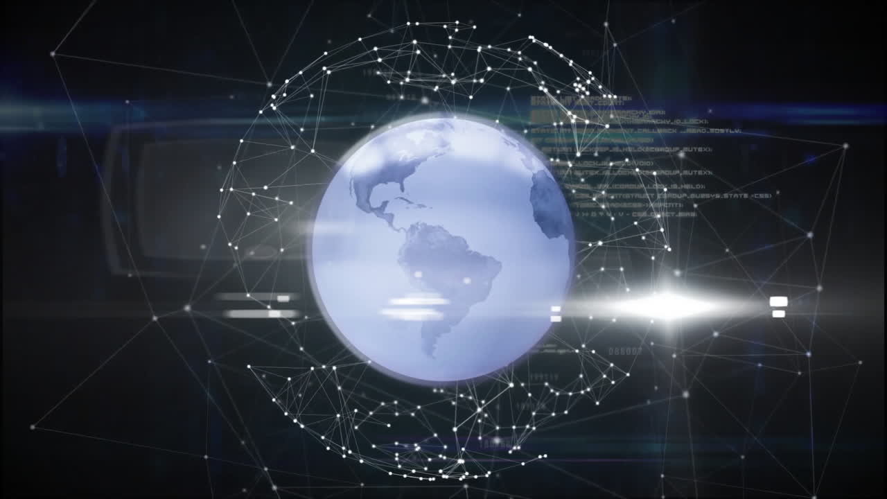 검은색 배경에 연결 및 데이터 처리를 가진 지구의 애니메이션