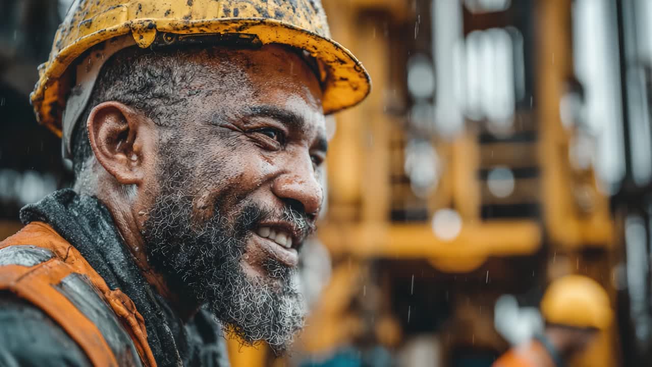 An Experienced Worker Smiles Amidst a Rainy Day on the Construction Site, Capturing the Grit and Determination of Skilled Laborers in Adverse Conditions
