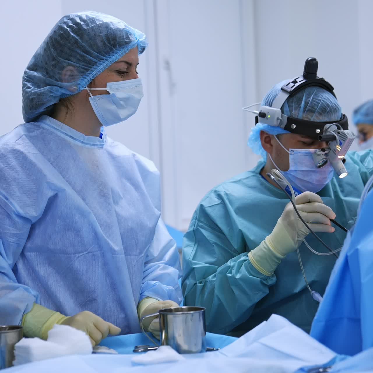 Hard-working surgeon wearing device glasses conducts otolaryngology operation. Nurse standing near the doctor in front of table with tools