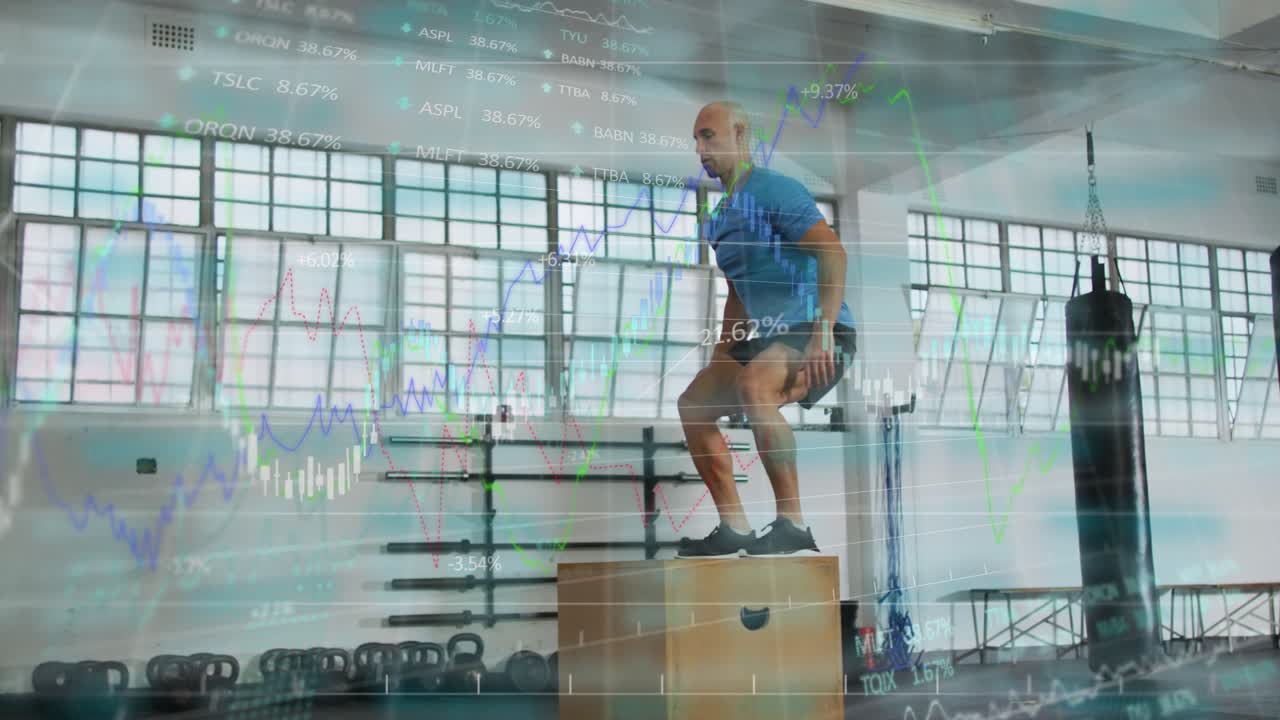 Estagiário do sexo masculino movendo-se para frente, saindo da caixa pliométrica, aterrissando, agachando, pulando para trás para manter a forma