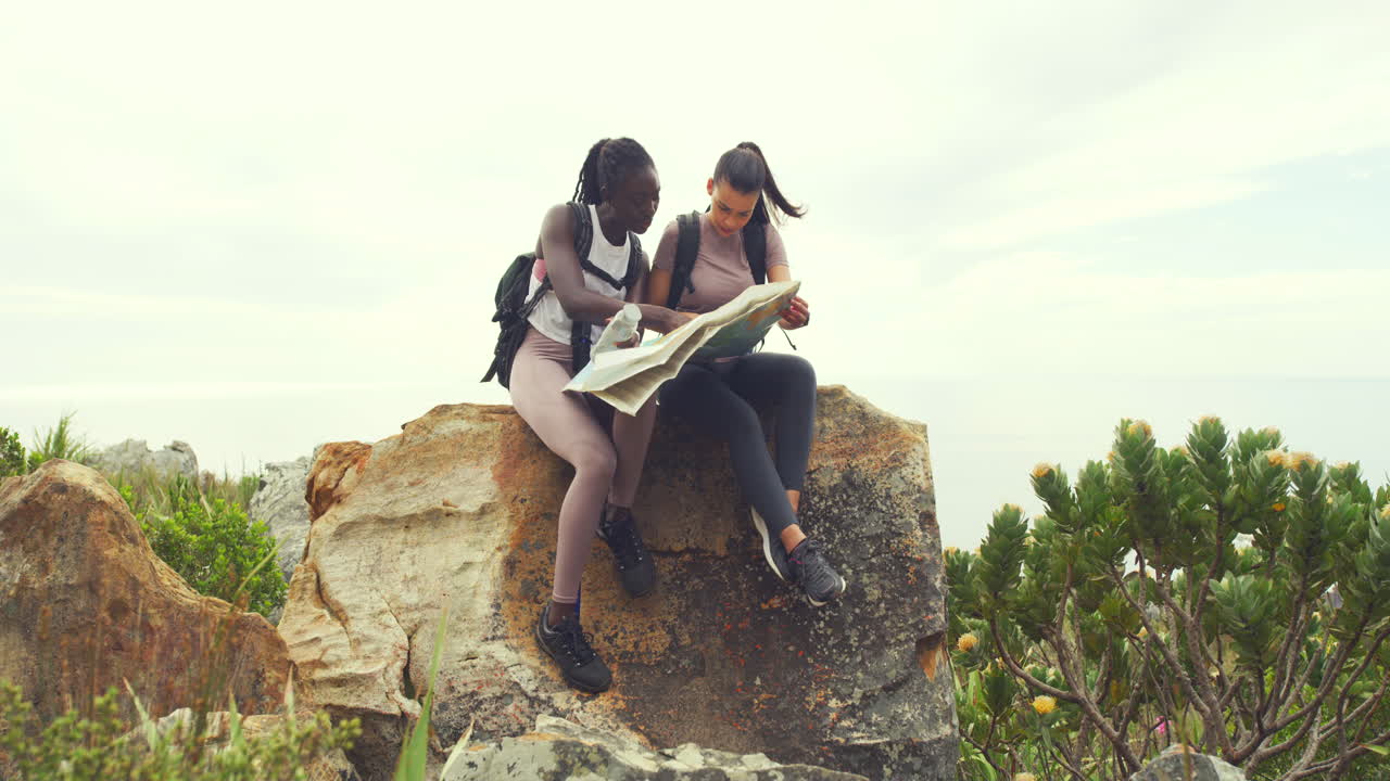 dos mujeres caminando mirando el mapa sentadas en una roca