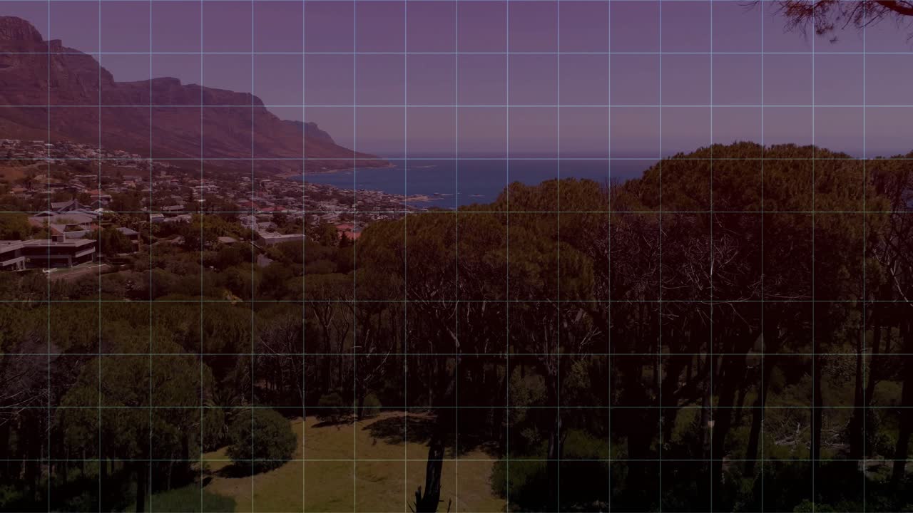 Initial teal equalizer bars appearing on grid overlay pulsing to visualize audio over hillside town