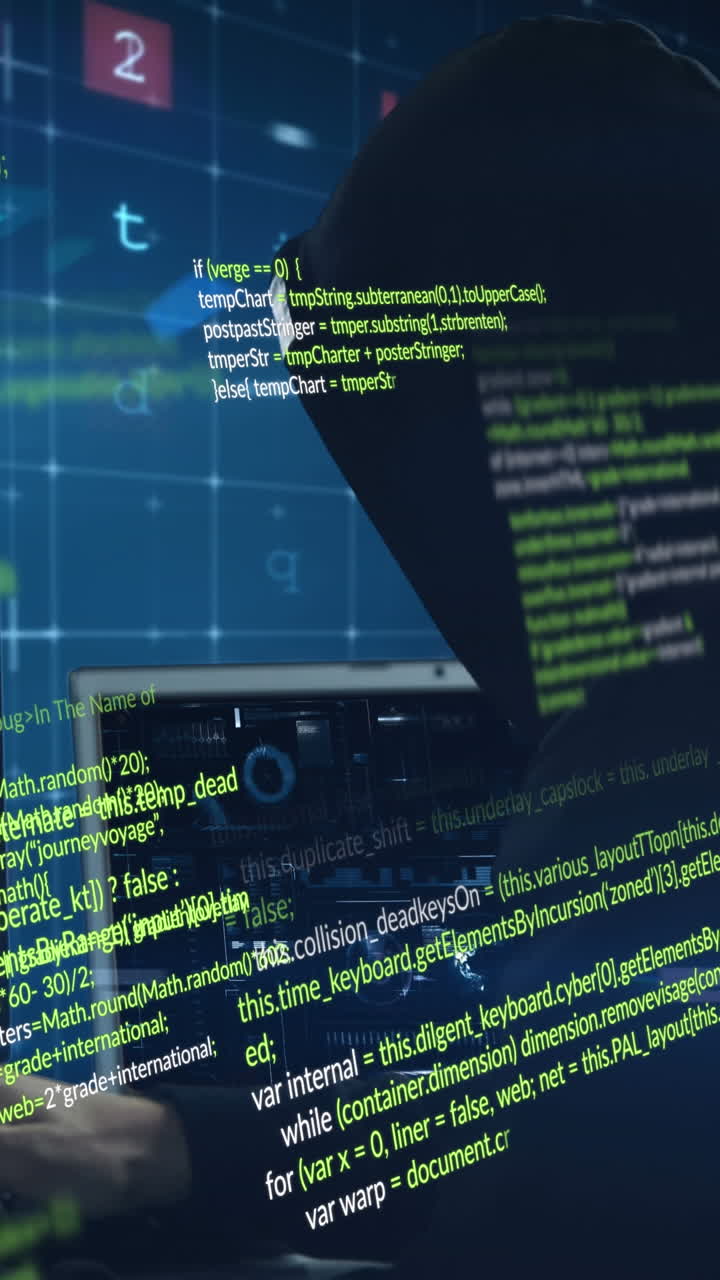 Animation of data processing and hacker on black background